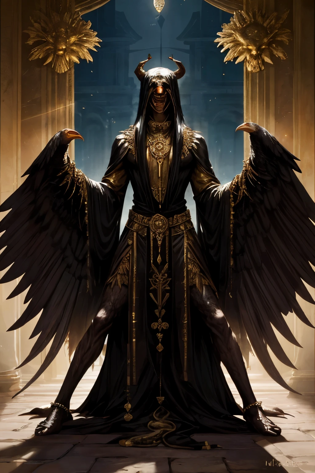 monstrous, Beautiful, Masterpiece, Best quality, perfect lighting, NSFW, monster smile with crooked fangs, mask covering eyes, Very skinny, disproportionately long arms, head of a vulture, scruffy dirty feathers, A sinister aura, something, chained, deity, cultist clothing, full body