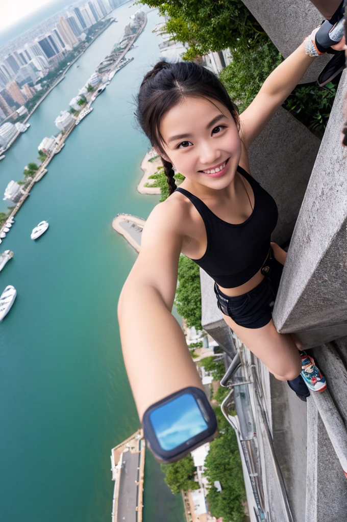 Rooftopping selfie, skywalking selfie, city, brunette woman, 21 years, brune hair, thick woman, tick, long braided ponytail, confident smile, top down view, high angle shot, tank top, climbing pants, climbing shoes, spaghetti straps, ocean