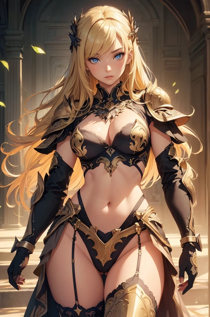 ((1girl, solo)), beautiful body, (perfect anatomy, perfect body, perfect hands, perfect legs), natural proportions, y body, large bre(full body, full body front)) BREAK

((extremely detailed face)), (beautiful detailed eyes:1.6), (realistic pupils, realistic iris:1), expressive eyes, looking at viewer, (clear eyes:1.3), (hyperrealistic:1.2), (detailed skin texture:1.2), smooth skin, (blonde hair:1.5), ((blue eyes)), ((little smile)),  (detailed lips:1.2), (attractive lips:1.1), (glossy lips:1.1), (parted lips), perfect face, perfect eyes BREAK

(black panties), panties, (chest abikini armor BREAK

(masterpiece:1.5), anime-style, top quality, best quality, (beautiful and aesthetic:1.2), (ultra detail:1.5), Ultra-detailed depiction, Ultra-precise depiction, extremely detailed 8k illustration, high resolution, (highly detailed shading:1.2), (realistic lighting:1.4), perfect lighting, vibrant colors, dynamic tones, striking hues, 8k, absurd resolution, perfect shadows, hdr, UHD, ambient lighting, realistic, ultra-realistic, photo realistic, highly detailed, rich detail, luminous colors, fine texture, intricate design, professional illustration, (soft light:1.2), (illustration:0.7)