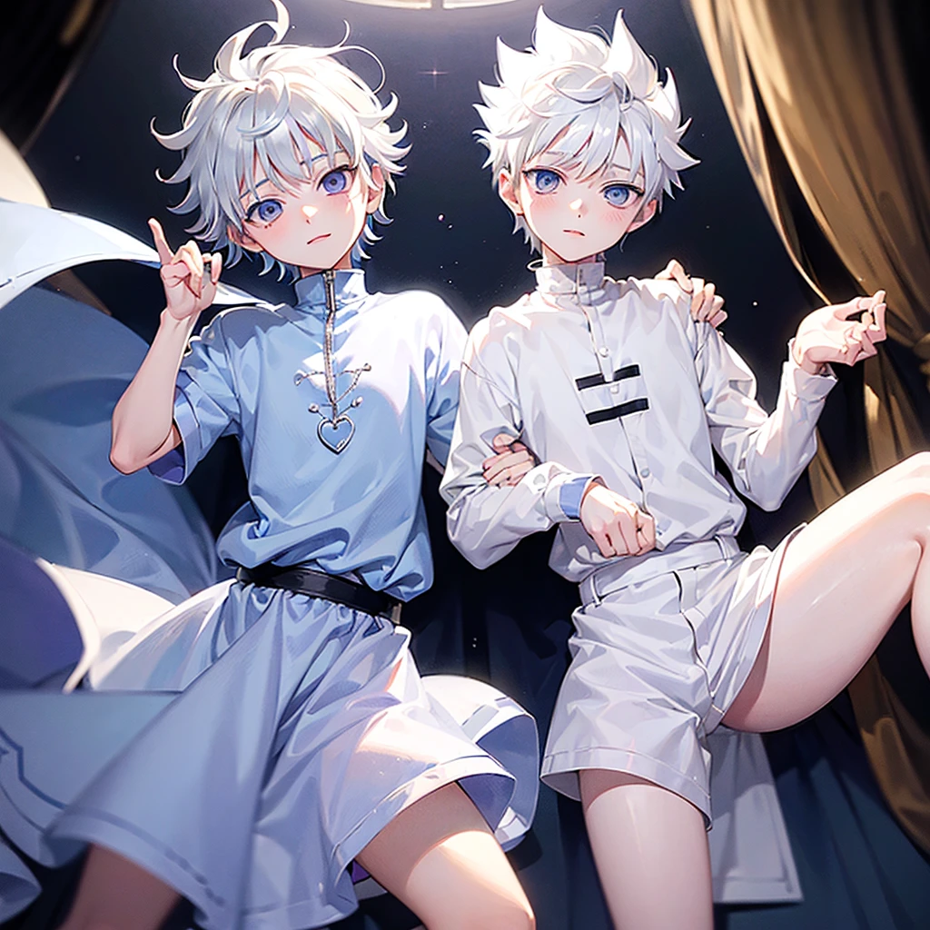 

(((killua zoldyck))) White hair,short hair,blue eyes , blue shirt ,full body ,Graceful body,hot,shyly, fascinated by,bedroom ,sexy, cute , short clothes, exhaustion, A person above him, He looks at me and smiles, Ah,2boy,black hair,black skin 