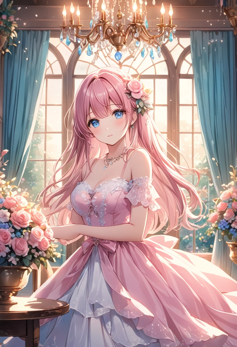 (high quality, 8K), (Soft Light), One Girl, Detailed face, Fine grain, blue eyes, Watercolor, Riria、Pink Dress, There is a room with a chandelier and a flower table, So magical and dreamy, Dreamy details, Dreamy atmosphereとドラマ, Gorgeous atmosphere, Beautiful and dreamy lighting, Dreamy atmosphere, Beautiful atmosphere, Dreamy Romantic, Fantastic and dreamy theme, Magical atmosphere, Beautiful atmosphere, Anime Background Art, Magical atmosphere + Tabletop, Dreamy aesthetics, Beautiful details with atmosphere, Detailed beautiful five-fingered hands