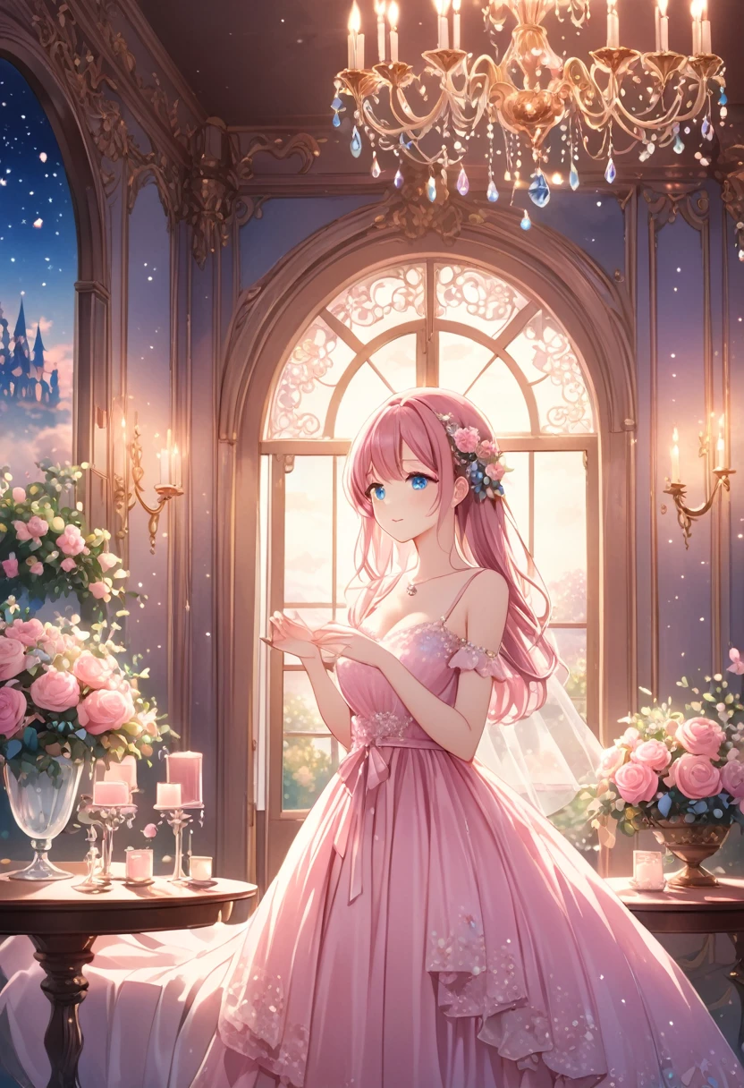 (high quality, 8K), (Soft Light), One Girl, Detailed face, Fine grain, blue eyes, Watercolor, Riria、Pink Dress, There is a room with a chandelier and a flower table, So magical and dreamy, Dreamy details, Dreamy atmosphereとドラマ, Gorgeous atmosphere, Beautiful and dreamy lighting, Dreamy atmosphere, Beautiful atmosphere, Dreamy Romantic, Fantastic and dreamy theme, Magical atmosphere, Beautiful atmosphere, Anime Background Art, Magical atmosphere + Tabletop, Dreamy aesthetics, Beautiful details with atmosphere, Detailed beautiful five-fingered hands