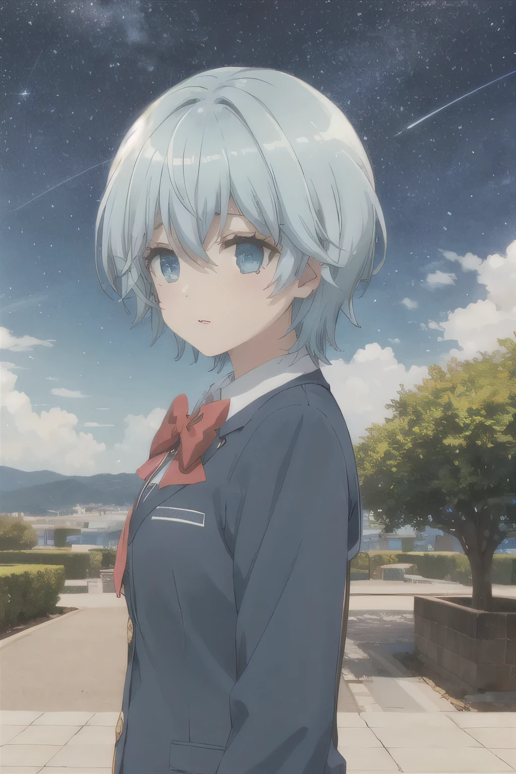 Under the tree，,Starry Sky，Blue Hair，JK school uniform，Look up at the Starry Sky