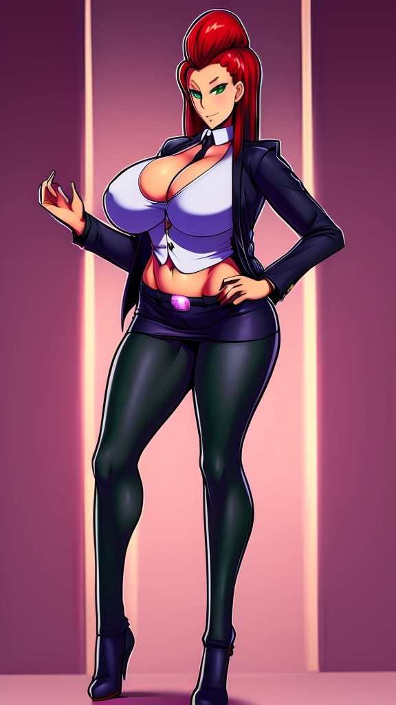 An attractive sexy hex girl with a big breast wears red hair, a tousled cut, her green eye, wears a purple button-down office coat and a long purple skirt with a black heel.