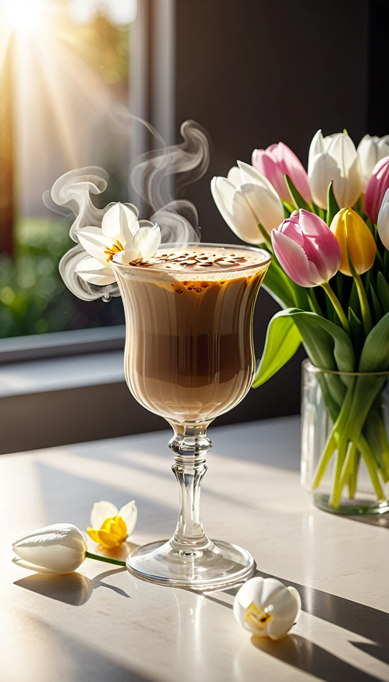 Best still life composition(best quality,4K,8K,High resolution,masterpiece:1.2),Super detailed,A bouquet of bright pale pink, yellow, white and white tulips laid out flat from above(Lying flat on the table.From top to left.Make space on your desk)..(Practical,photoPractical,photo-Practical:1.37),Iced coffee in a clear glass(clear focus、obvious)slight ice smoke.Artist coffee impression.Next to it is a transparent white gauze with clear texture,Place it randomly aside...Sophisticated and elegant.Modern style cafe bokeh background.Super detailed.(Super quality,Super detailed,Ultra-complex,Extremely complex)Soft and natural light and shadow.Reverse fragrance.no humans.Ultra wide angle, (Detailed texture),Background covered with film grain, natural soft light,(Morning Scene.warm sunshine in the morning)Ray tracing, Vignette, Wide-angle lens, Ultra wide angle, best qualitycinematic lighting, Depth of Field, outer boundary, Negative space, Letterbox header image
