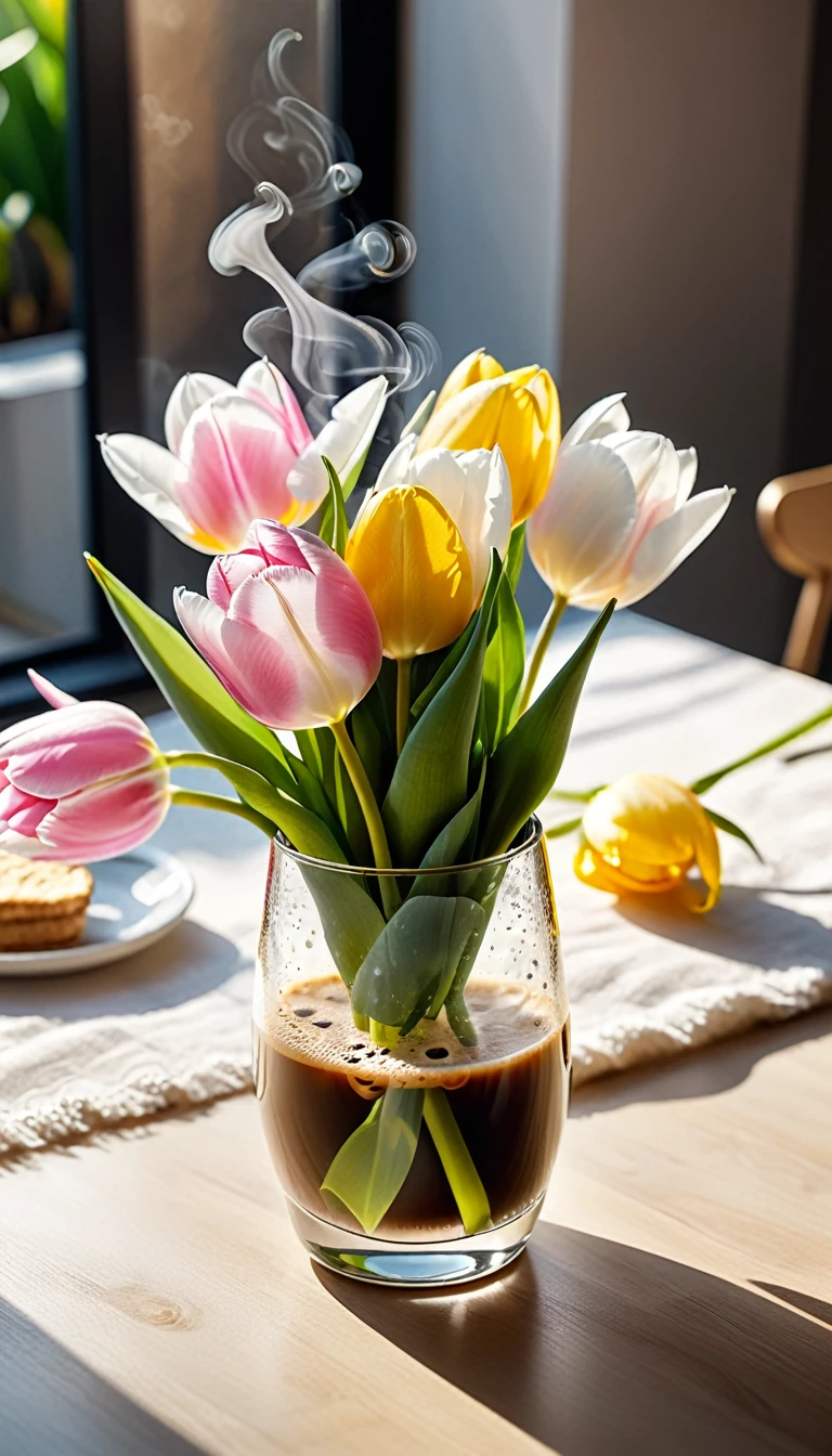 Best still life composition(best quality,4K,8K,High resolution,masterpiece:1.2),Super detailed,A bouquet of bright pale pink, yellow, white and white tulips laid out flat from above(Lying flat on the table.From top to left.Make space on your desk)..(Practical,photoPractical,photo-Practical:1.37),Iced coffee in a clear glass(clear focus、obvious)slight ice smoke.Artist coffee impression.Next to it is a transparent white gauze with clear texture，Place it randomly aside...Sophisticated and elegant.Modern style cafe bokeh background.Super detailed.（Super quality，Super detailed，Ultra-complex，Extremely complex）Soft and natural light and shadow.Reverse fragrance.no humans.Ultra wide angle, (Detailed texture),Background covered with film grain, natural soft light,(Morning Scene.warm sunshine in the morning)Ray tracing, Vignette, Wide-angle lens, Ultra wide angle, best qualitycinematic lighting, Depth of Field, outer boundary, Negative space, Letterbox header image