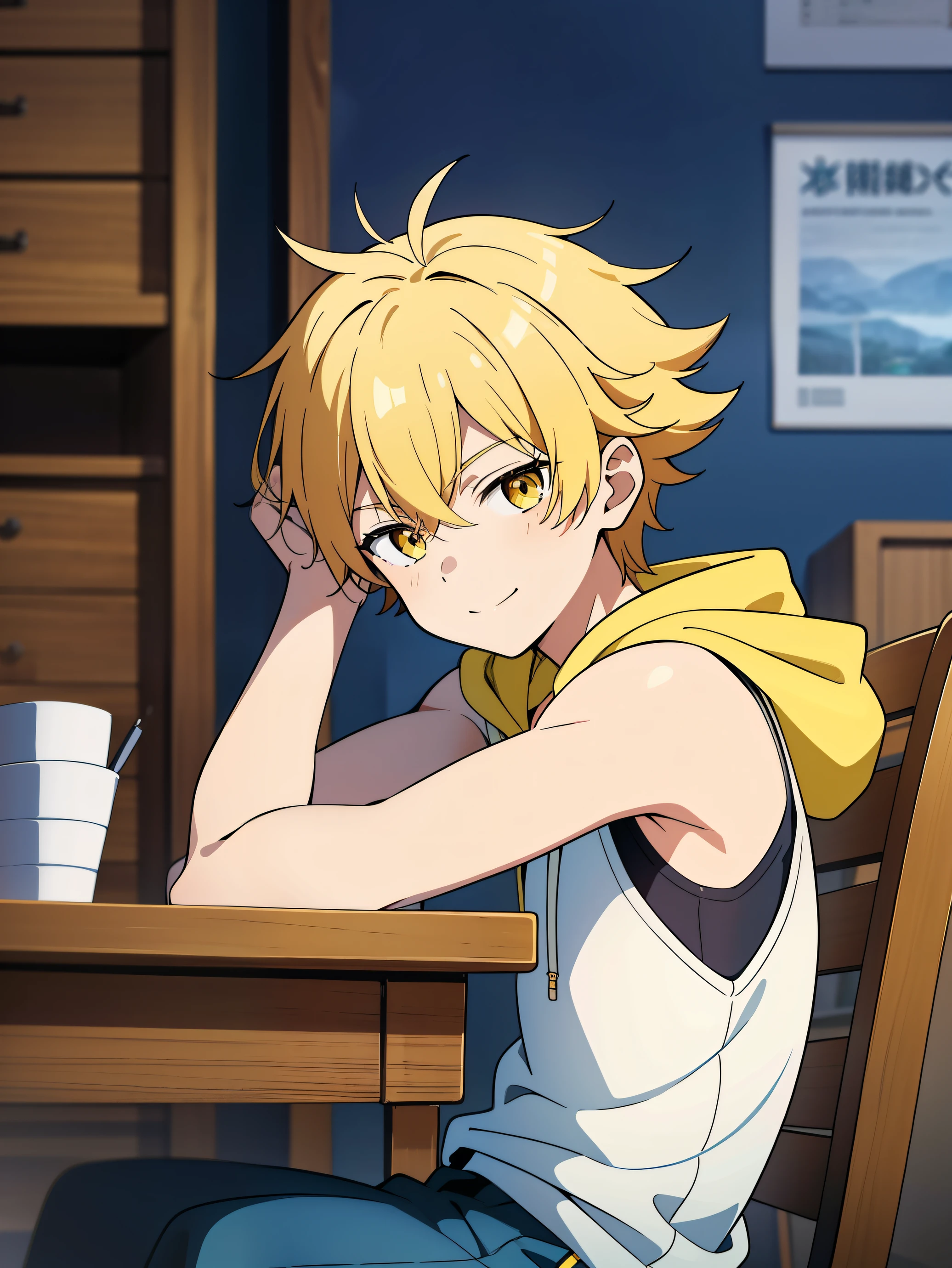 Highres, Masterpiece, Best quality at best,Best Quality,hight quality, hight detailed, Anime style, 1boy, Shota, young boy, Solo person, smile, Yellow hair, messy hair, sit on the chair, writing, Sleeveless hoodie, Focus on the shoulders, Bare shoulder, Seen from the side, upper body, (very young boy), (very small and short body), **-****-*** boys, uhd, blurry beckground