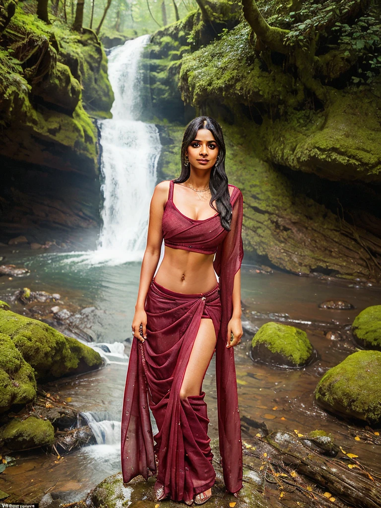 An indian beautiful girl wearing saree her age is 29, navel, low waist, midriff, in rainy forest, rainy weather, waterfall, river, mountains