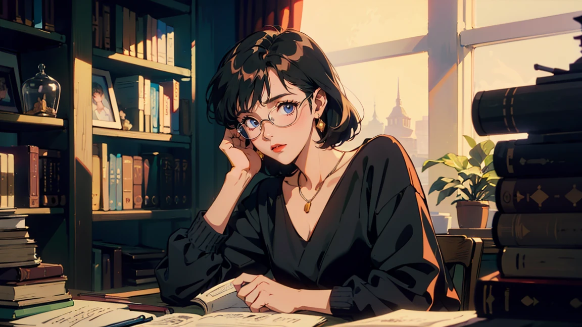 Most Extraordinary classic Library, reading a book, It has a nice atmosphere, One adult woman, Glasses ,Perfect Face, , (Backlight: 1.1), A scene from a movie, Soft Shadows, masterpiece, Highest quality, Complex, Model shooting style, Film Grain,
