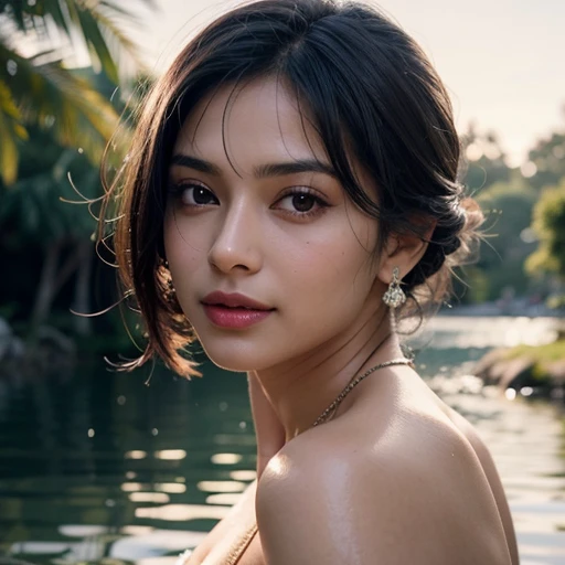close up portrait of a cute [a handsome, sexy mature indian woman, nude, with a seductive smile and parted lips stands against a white background. darkskin, She has sharp eyelashes, eyes browns, and long black hair with bangs. His figure is voluptuous, with a narrow waist, Broad Hips, and huge breasts. The image has an impact, Genshin-inspired style, rendered in high detail and HDR quality as a stunning work of art.]
 (gldot) bathing in a river, reeds, (backlighting), realistic, masterpiece, highest quality, lens flare, shade, bloom, [[chromatic aberration]], by Jeremy Lipking, by Antonio J. Manzanedo, digital painting,
