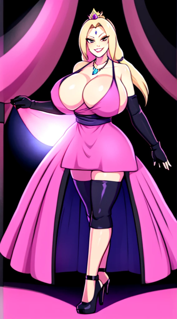 ((masterpiece, best quality)),solo,1girl, highres, detailed, soft lighting, long hair,power dress, pearl necklace, crown,smile, missing tooth, black outline, large breasts, pink long gloves,full body,wear high heels.