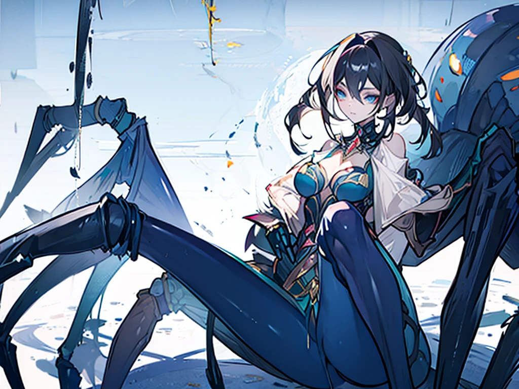 1 woman, short black hair, blue eyes, monster girl, arachne, spider girl, white shirt,
