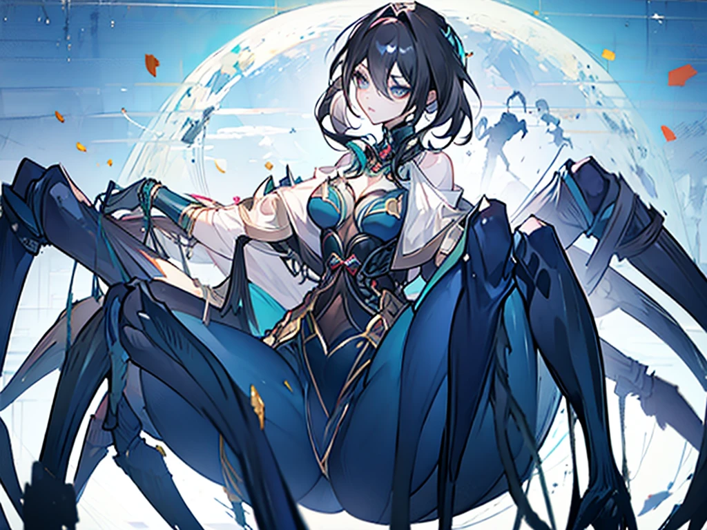 1 woman, short black hair, blue eyes, monster girl, arachne, spider girl, white shirt, 