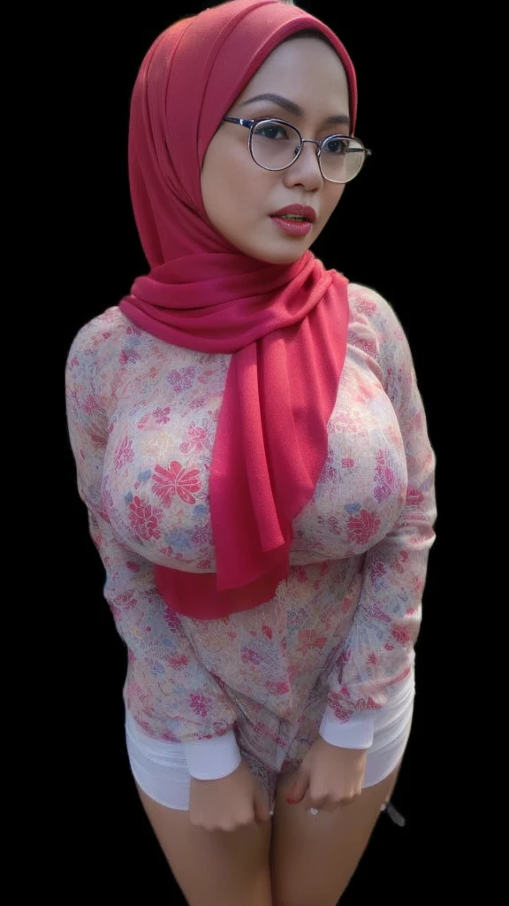 Bikini huge 52 years Old, Hijab Indonesian mature woman, Big Tits : 96.9, Long-sleeveles Shirt, Slim body, Breast about To burst out, at School Corridor, Bright light, at Daytime
