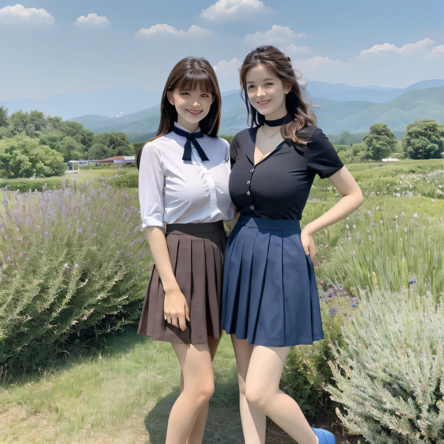 ((Group photo))、Layered Haircut,(8K,Highest quality),Full Body Shot,Shot from medium distances,open-collar shirt、Wear a JK skirt,Full body photo、 Adorable, smile, length, brown hair, 32k, masterpiece, Best image quality,Ultra-high resolution,Perfect hands,Black Choker、blue eyes、bangs、Very numerous and very long eyelashes、 Morning on the Plateau、Summer clothes、((Big Breasts)), Mountain, Mountain道, forest, blue sky、Student population
