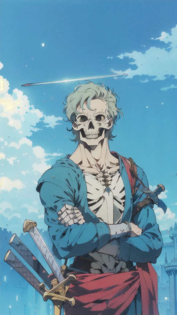 a skeleton knight holding a sword in a castle setting, symbolism, retro anime, textured