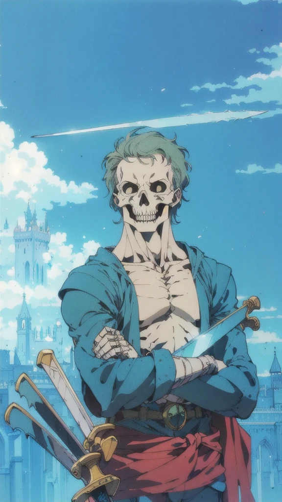 a skeleton knight holding a sword in a castle setting, symbolism, retro anime, textured