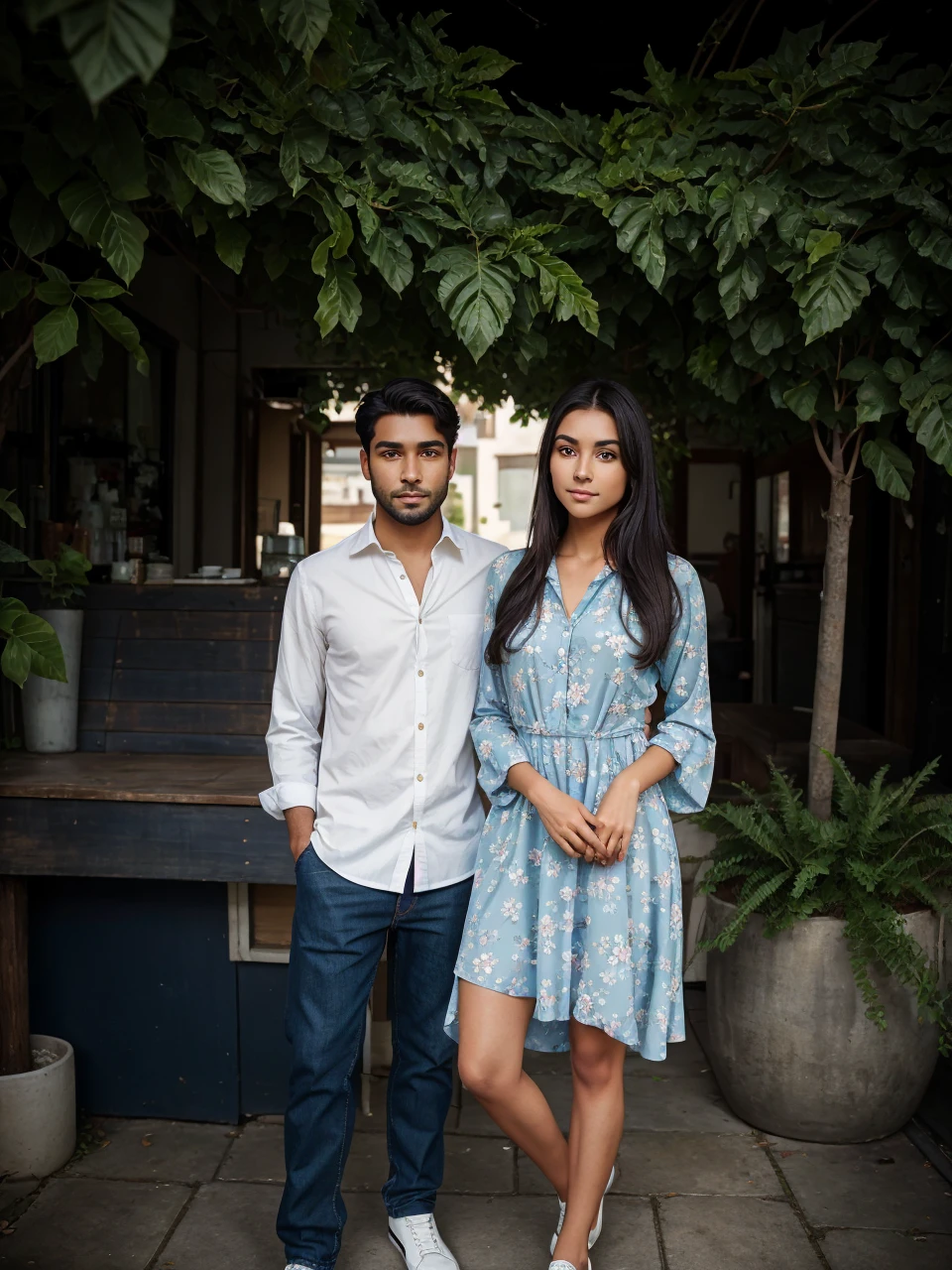 "A young man and woman standing side by side, facing the camera. The young man has short, neatly styled dark hair and a trimmed beard. He has a medium build and medium brown skin tone. He is wearing a white button-down shirt with the sleeves rolled up to his elbows and dark blue jeans. His shoes are white with green accents. He has a calm and confident expression, looking directly at the camera with dark, almond-shaped eyes, and his lips are neutral, giving a slight, relaxed smile.
The young woman has long, straight, dark hair that falls past her shoulders. She has an oval face with a smooth, light brown complexion. Her eyes are almond-shaped, dark brown, and expressive, framed by well-defined eyebrows. She has a gentle, warm smile with full lips. She is wearing a knee-length, floral print dress with shades of blue, white, and orange. The dress has long sleeves that are slightly puffed and a fitted waist. Her footwear consists of simple, flat shoes. She stands with her hands clasped in front of her, looking directly at the camera with a calm and serene expression.
Both individuals are standing close to each other, exuding a sense of comfort and familiarity. The lighting is soft and even, illuminating their faces clearly
