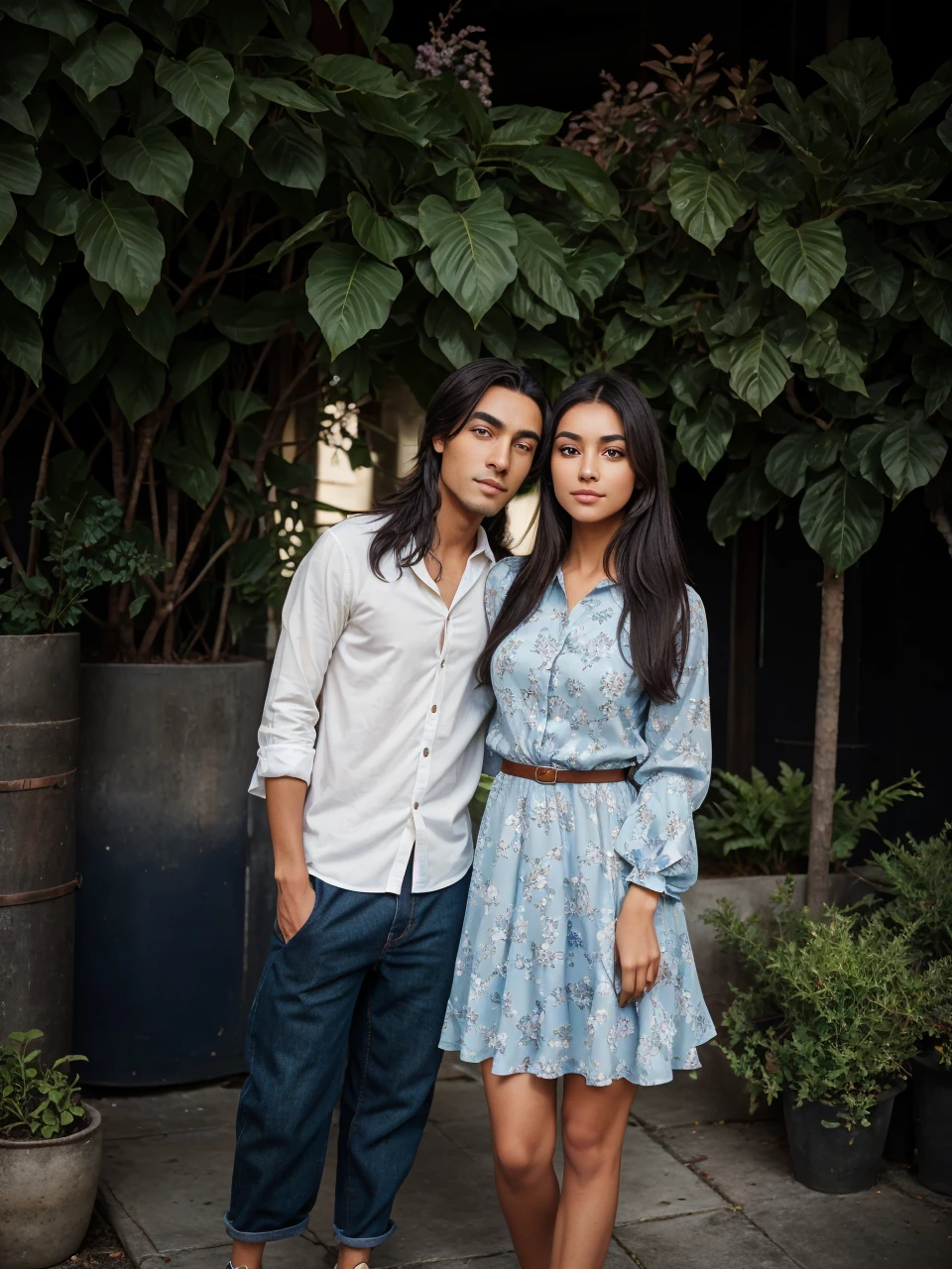 "A young man and woman standing side by side, facing the camera. The young man has short, neatly styled dark hair and a trimmed beard. He has a medium build and medium brown skin tone. He is wearing a white button-down shirt with the sleeves rolled up to his elbows and dark blue jeans. His shoes are white with green accents. He has a calm and confident expression, looking directly at the camera with dark, almond-shaped eyes, and his lips are neutral, giving a slight, relaxed smile.
The young woman has long, straight, dark hair that falls past her shoulders. She has an oval face with a smooth, light brown complexion. Her eyes are almond-shaped, dark brown, and expressive, framed by well-defined eyebrows. She has a gentle, warm smile with full lips. She is wearing a knee-length, floral print dress with shades of blue, white, and orange. The dress has long sleeves that are slightly puffed and a fitted waist. Her footwear consists of simple, flat shoes. She stands with her hands clasped in front of her, looking directly at the camera with a calm and serene expression.
Both individuals are standing close to each other, exuding a sense of comfort and familiarity. The lighting is soft and even, illuminating their faces clearly
