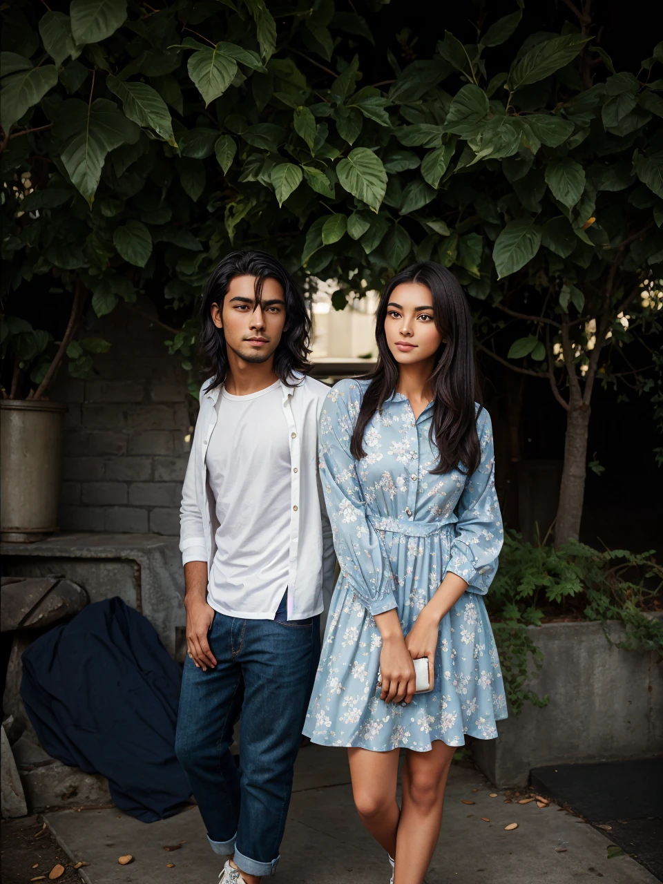 "A young man and woman standing side by side, facing the camera. The young man has short, neatly styled dark hair and a trimmed beard. He has a medium build and medium brown skin tone. He is wearing a white button-down shirt with the sleeves rolled up to his elbows and dark blue jeans. His shoes are white with green accents. He has a calm and confident expression, looking directly at the camera with dark, almond-shaped eyes, and his lips are neutral, giving a slight, relaxed smile.
The young woman has long, straight, dark hair that falls past her shoulders. She has an oval face with a smooth, light brown complexion. Her eyes are almond-shaped, dark brown, and expressive, framed by well-defined eyebrows. She has a gentle, warm smile with full lips. She is wearing a knee-length, floral print dress with shades of blue, white, and orange. The dress has long sleeves that are slightly puffed and a fitted waist. Her footwear consists of simple, flat shoes. She stands with her hands clasped in front of her, looking directly at the camera with a calm and serene expression.
Both individuals are standing close to each other, exuding a sense of comfort and familiarity. The lighting is soft and even, illuminating their faces clearly