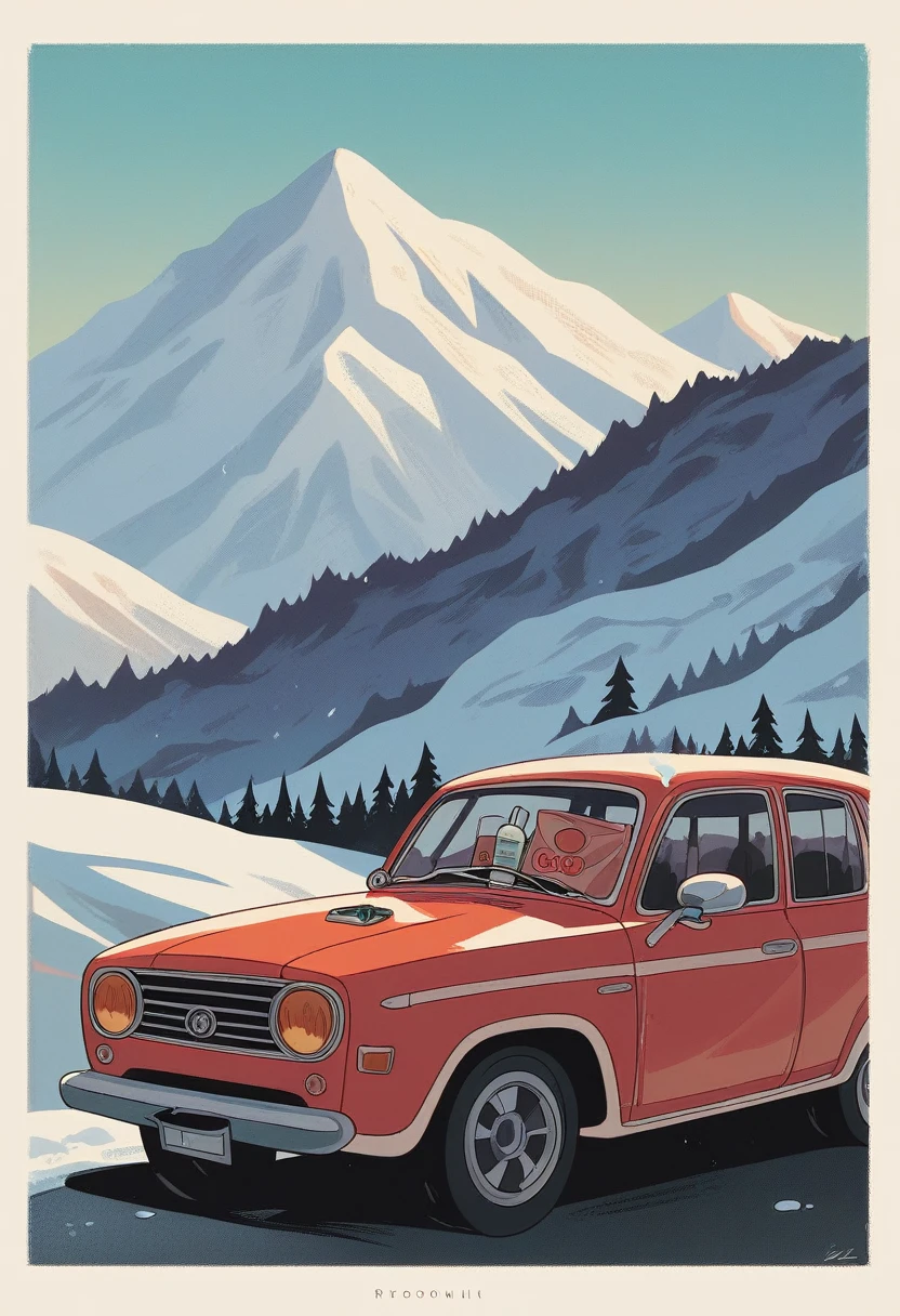 car poster, Procreate, red, Mini Cooper 1960, vector art, minimalist, high resulotion, snowy mountain background