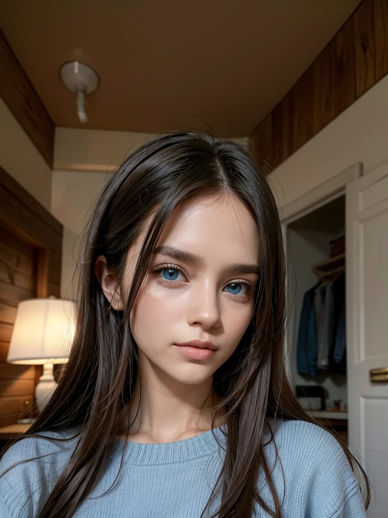 1 Girl only, 18 years old, long hair, brown hair, midsize breasts, looking at the viewer, blue eyes, fair skin, freckles across the nose, tight sweater, jewelry, full entire body, necklace, off the shoulder, t-shirt, lips, realistic , nose, flirting with the camera