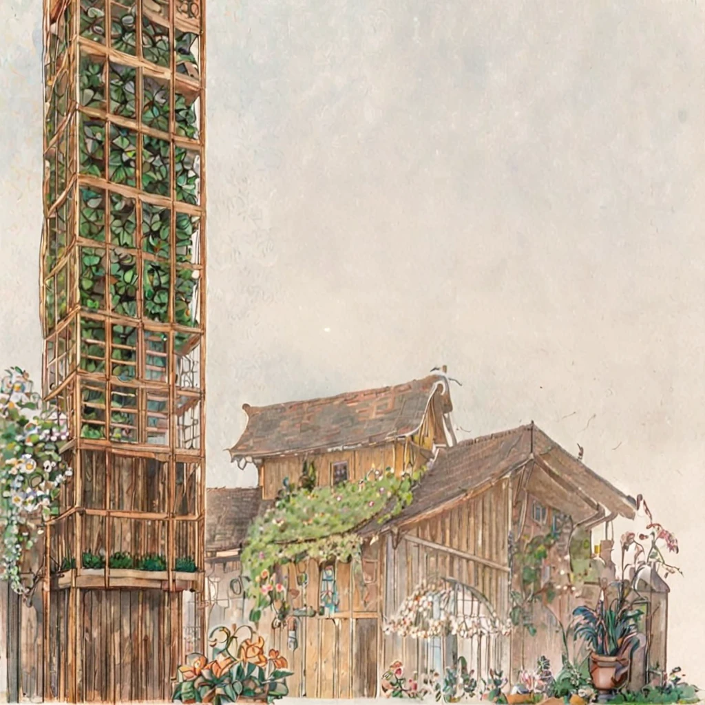 ew of a building and a tower, building is a flower market with wooden roof, roof is parametric and curved, tower is for urban agriculture and has visible steucture with plants crawing on it, lush vegetation, at sundown, anime sketch, pencil sketch, architecture drawing
