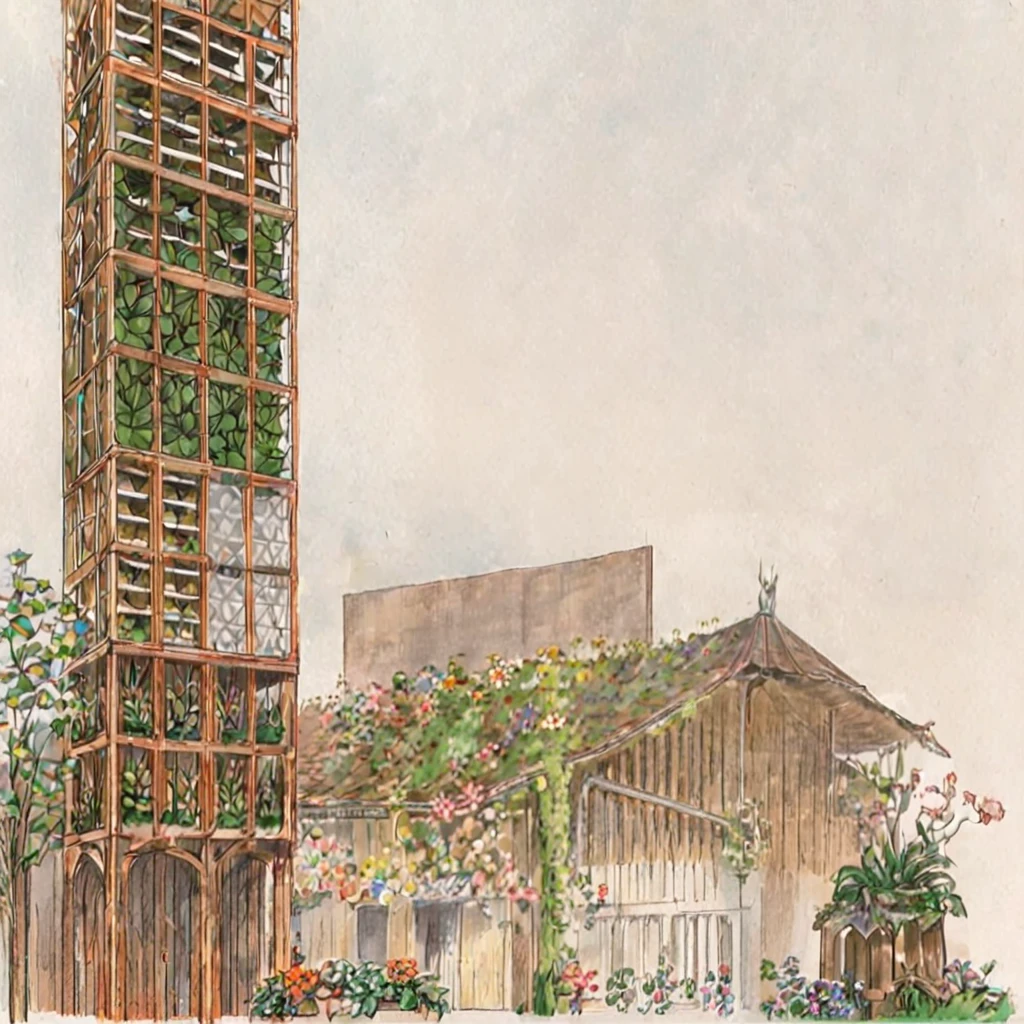 ew of a building and a tower, building is a flower market with wooden roof, roof is parametric and curved, tower is for urban agriculture and has visible steucture with plants crawing on it, lush vegetation, at sundown, anime sketch, pencil sketch, architecture drawing
