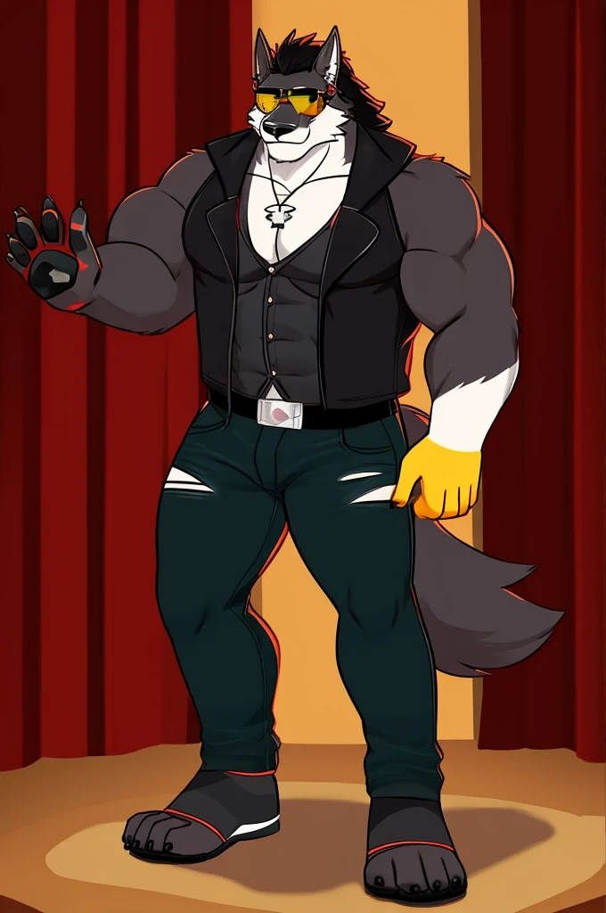 ---
Rodolf. Rodolf is a 6'3" werewolf, weighing approximately 97kg. He has a hunky build with very strong, large, and wide arms and chest. His hair is a striking black mohawk with hints of white. His tribal tattoo adorns his right shoulder, and he has black paw pads and a black pulpit nose. His eyes are a piercing yellow, complemented by black fluffy neck fur.
Rodolf's outfit includes a dark brown harness worn under a black leather biker vest, layered on top of a red torn flannel and black hoodie. He pairs this with dark blue torn jean shorts and . Black fingerless gloves and aviators complete his look.
---