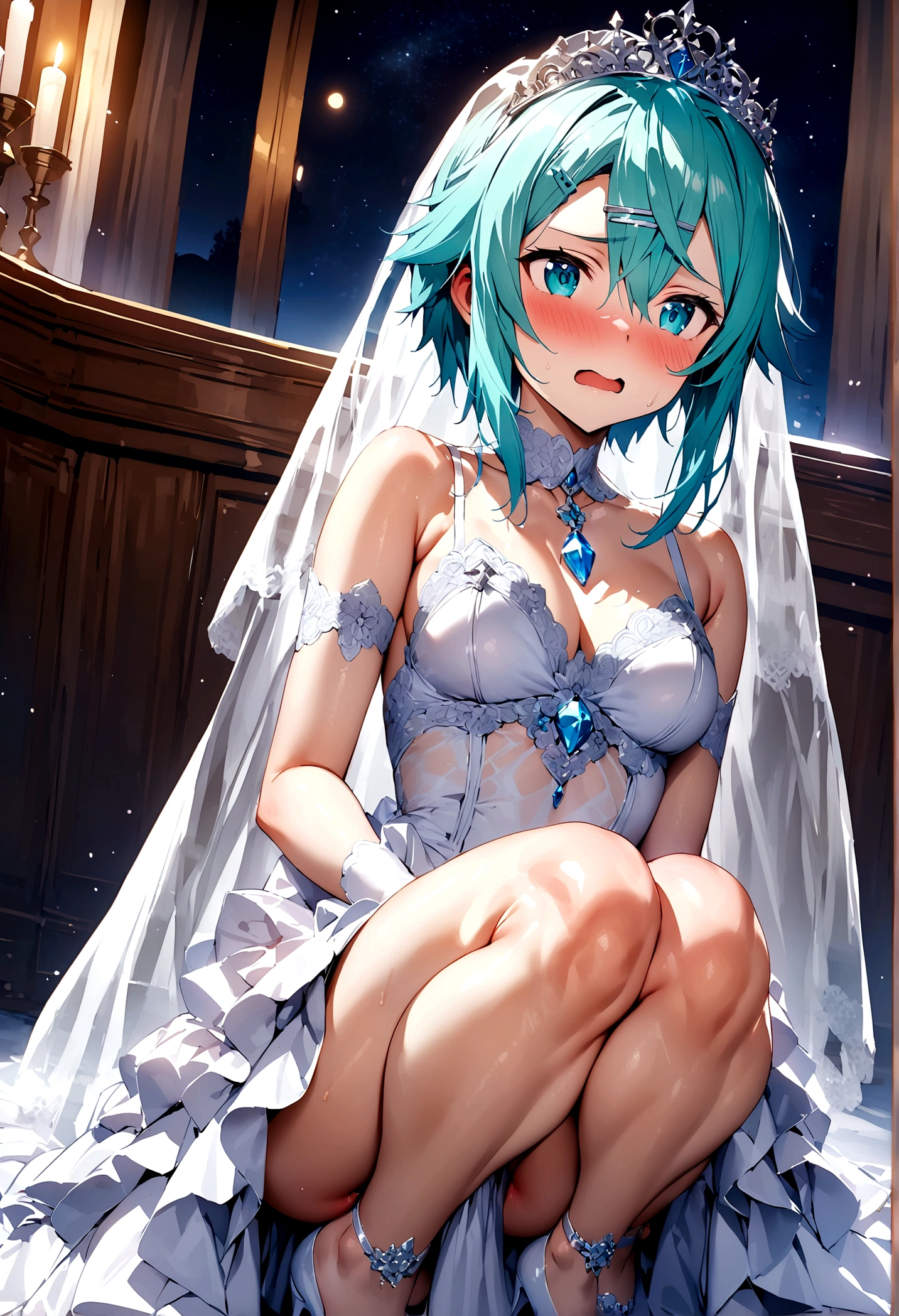 NSFW,masterpiece,Highest quality,High resolution,Super detailed,Sinon\(Sword Art Online\),(High quality sexy wedding dress),High-quality wedding lingerie,Wedding Veil,tiara,gem, hair ornaments, Hair Clip,wedding ring,Embarrassed,expectant face,(sexual excitement),blush,Church at night in the moonlight,Luxurious Room,wedding,Spread your legs,squat