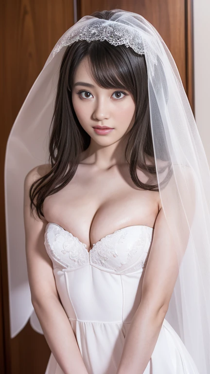 Highly detailed CG Unity 8k wallpaper, top quality, super detailed, masterpiece, realistic, photorealistic, highly detailed cute girl, (25 years old), blush, round eyes, small breasts, viewer, semi-body shot, white wedding dress, cleavage, veil