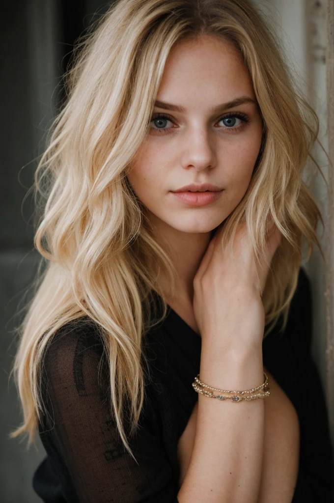 super cute blond woman in a dark theme