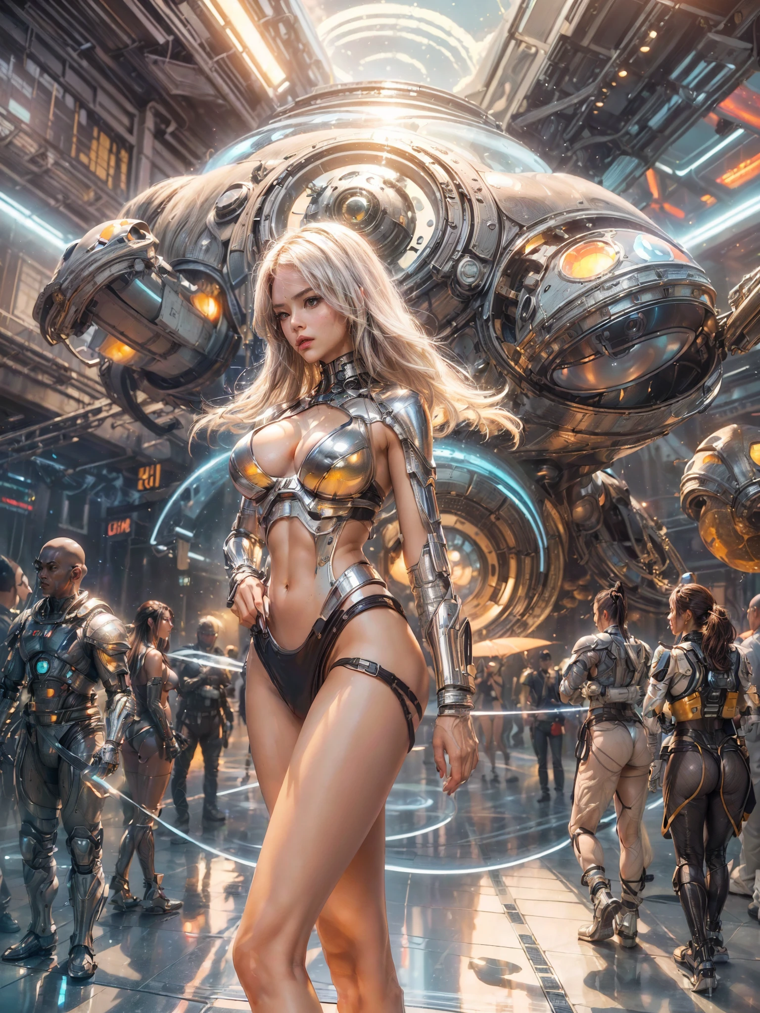 (((Camera angle of her butt, crowd of space aliens))), ((wearing ultra thin translucent bikini with gorgeous muscular long legs)), ((deep brown beige white silver black Samurai aesthetics)), prismatic, reflective, ((ultra perfect flowing hairstyle)), (((huge natural breasts, tan lines))), ((perfect radiant skin color)), ((super colourful)), ((sunny day beautiful skies)), (detailed spaceship background and incredibly sci-fi retro art masterpiece), (((1:1 scale proportions))), ((science fiction)), ((chrome spaceships)), (((ultra photorealistic realism))), ((Smooth curves, clean lines, streamlined, functional aesthetics, reflective surfaces, integrated lighting, futuristic city, engraved ancient motifs)), ((acrylic plastic robot, bokeh lighting, rim lighting, shadows))