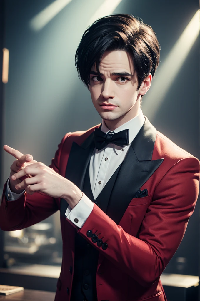 Scenery of a very chic party, with several guests drinking and dancing in the party's neon lights, a young white man, short straight black hair, dark eyes with thick lashes, slim, wearing a party tuxedo, holding a glass of champagne that flows a dark red liquid, realistic, illustration, digital art