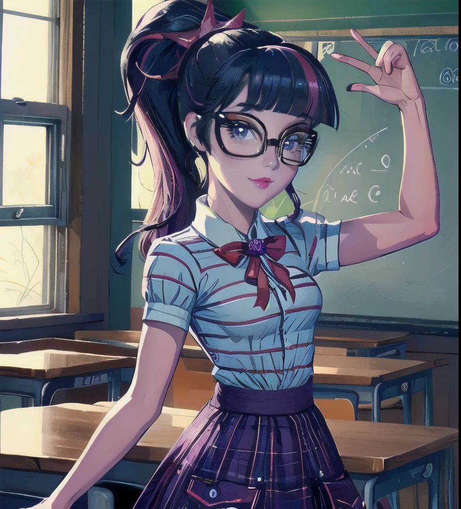 (masterpiece, best quality:1.2),cowboy shot,solo,1girl,mlptwilight,smile,looking at viewer,ponytail,glasses,striped shirt,purple skirt,classroom,dynamic lighting,