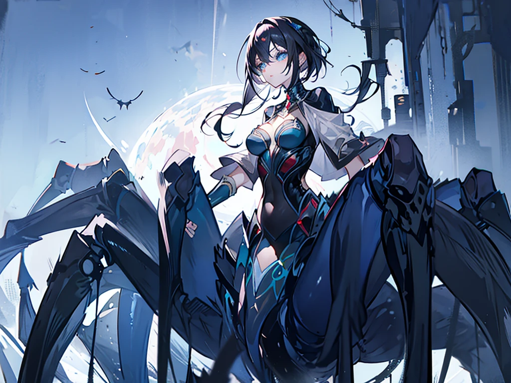 1 woman, short black hair, blue eyes, monster girl, arachne, spider girl, hd, good quality