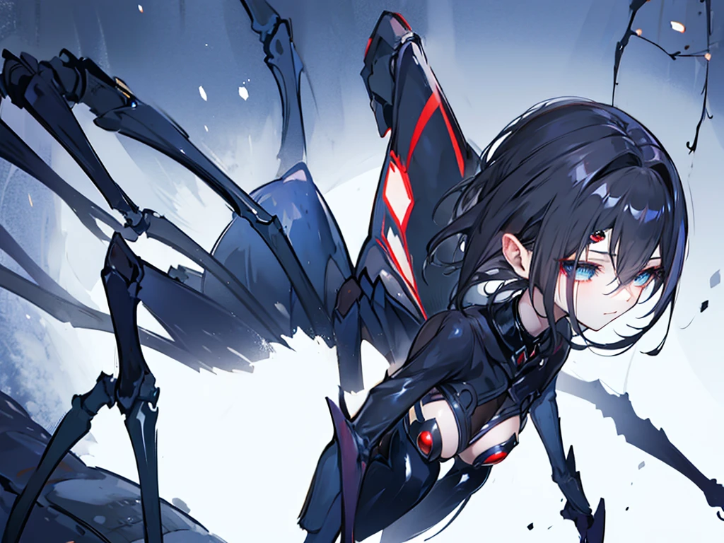 1 woman, short black hair, blue eyes, monster girl, arachne, spider girl, hd, good quality