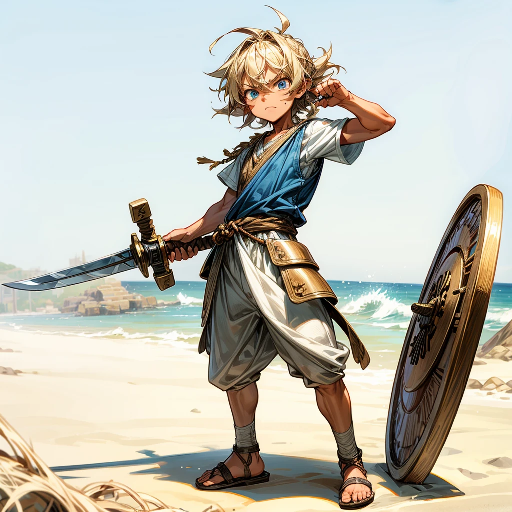 1little boys, Full body version, 1character, blue eyes, Tan skin, long Shaggy hairstyle, blonde colour hair, angry expression, ancient Greek clothing, ancient Greek sandals, wood sword in hand, small shield wood in hand, wood armor vest, Grassroots background in beach