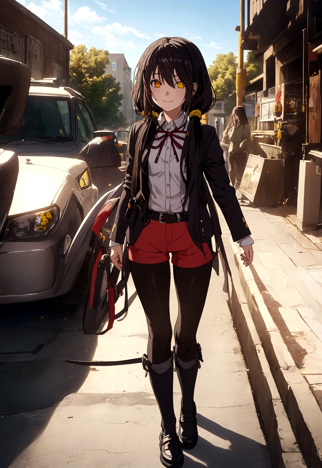 ultra-detailed,highly detailed,best quality,masterpiece,illustration,realistic, photo,photorealistic,
1girl, tokisaki kurumi,cosplay,hair over one eye, (right red eye, left yellow eye), looking at viewer, happy girl,low twintails,
, hotpants, hair rings, loafers,
Outdoors, walking, station
