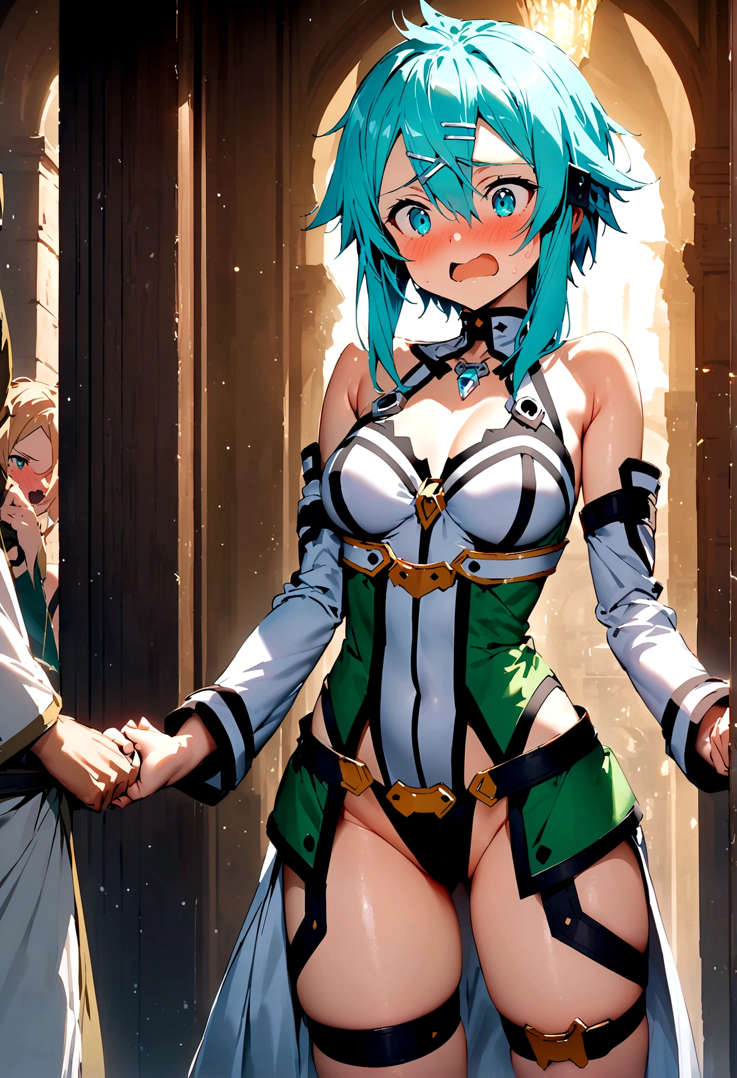 NSFW,masterpiece,Highest quality,High resolution,Super detailed,Sinon\(Sword Art Online\),Bare shoulders,Removable sleeves,Hand guard,leotard,Cape,Frilled mini skirt,gem, hair ornaments, Hair Clip,Thigh straps,Embarrassed,Surprised face,(Lust),(Estrus),blush,Fantasy,Adventurer's Guild,reception,indoor,(male),Arms are pulled,Being taken away