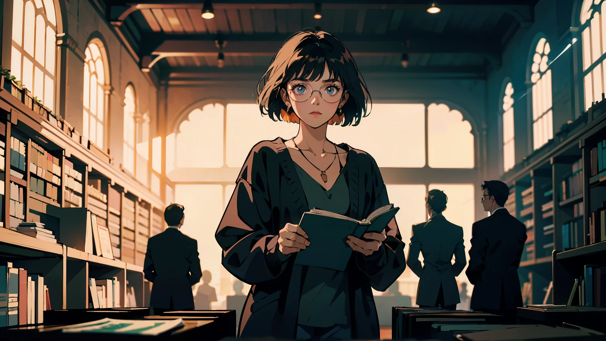 Most Extraordinary classic Library, reading a book, It has a nice atmosphere, One adult woman, Glasses ,Perfect Face, , (Backlight: 1.1), A scene from a movie, Soft Shadows, masterpiece, Highest quality, Complex, Model shooting style, Film Grain,