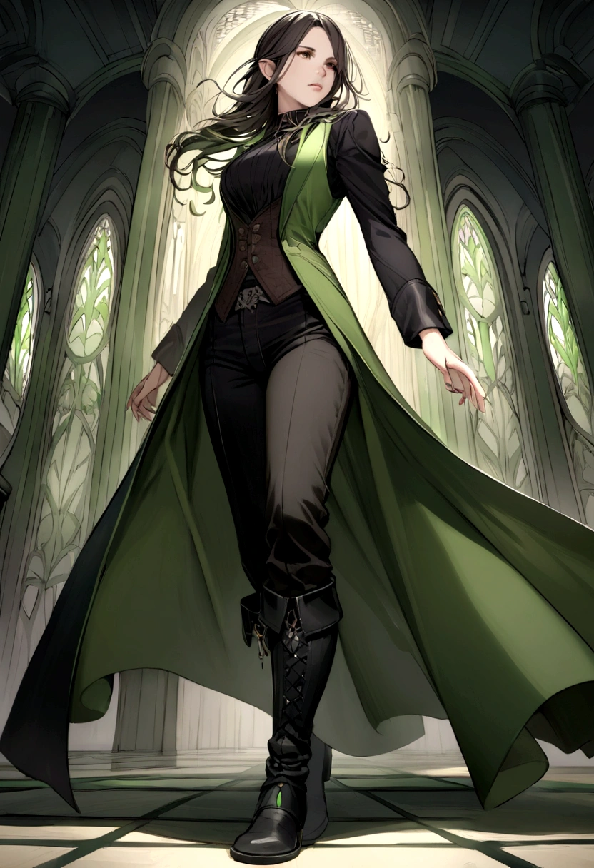 Kate Beckinsale as a calm and strict half-elf. combination of green and black colors. vest, black shirt, trousers and high boots. full length