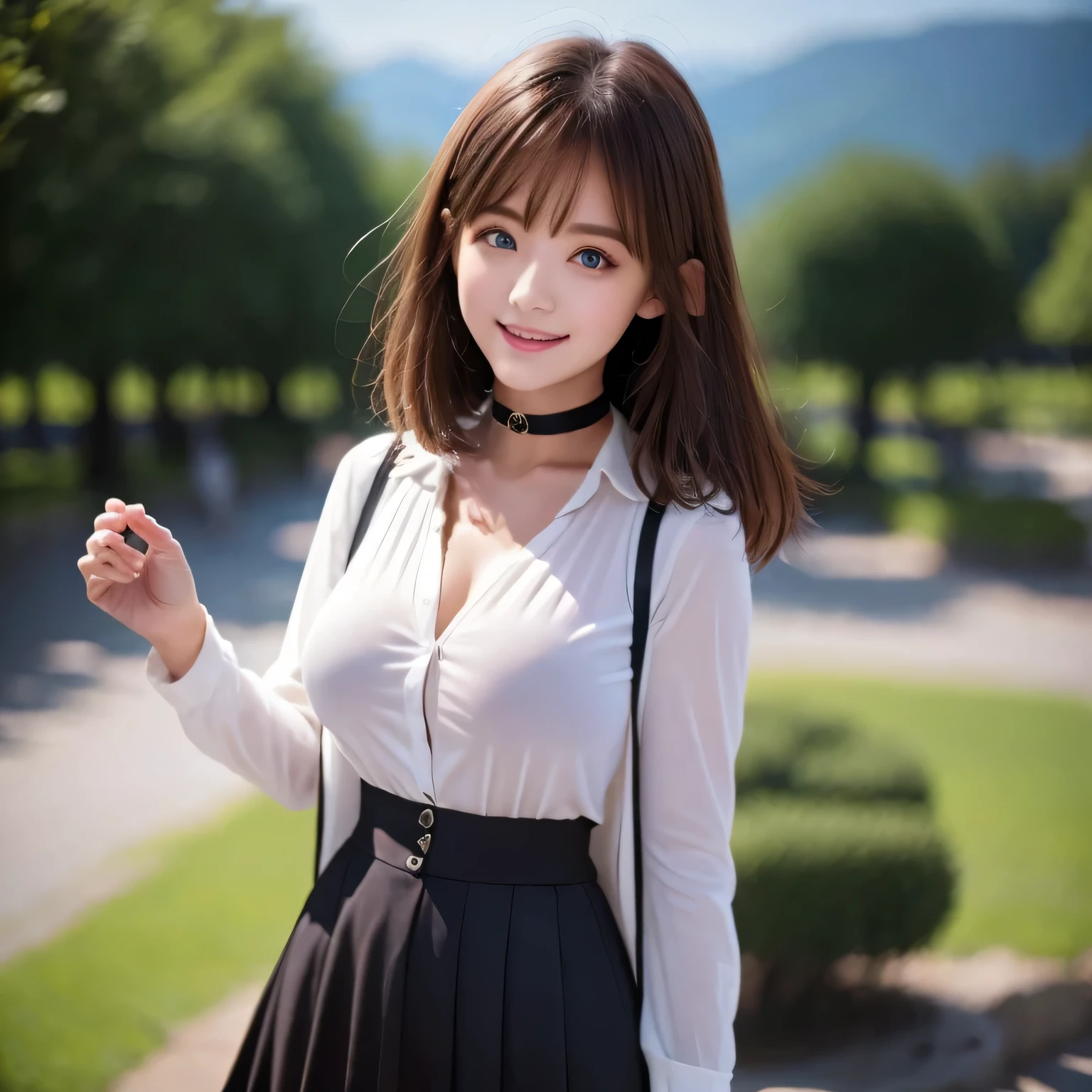 ((Group photo))、Layered Haircut,（8K，Highest quality），Full Body Shot，Shot from medium distances，open-collar shirt、Wear a JK skirt，Full body photo、 Adorable， smile， length, brown hair， 32k, masterpiece， Best image quality，Ultra-high resolution，Perfect hands，Black Choker、blue eyes、bangs、Very numerous and very long eyelashes、 Morning on the Plateau、Summer clothes、((Big Breasts)), Mountain, Mountain道, forest, blue sky、Student population
