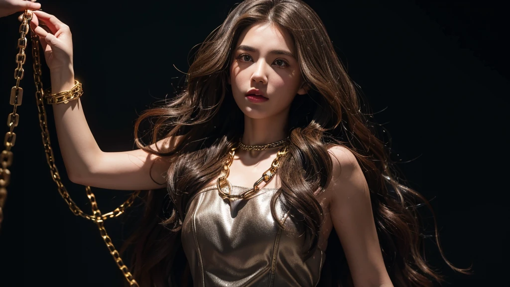 A girl with brown wavy hair is shown breaking chains that were holding her back, 
Colors: Dark background with metallic silver chains, and subtle light highlighting the breaking point.