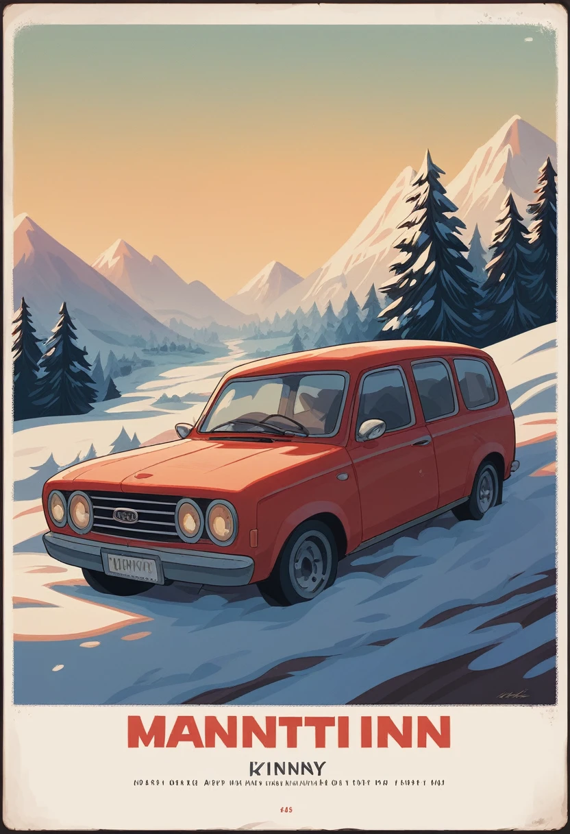 car poster, Procreate, red, Austin Mini  1960, vector art, minimalist, high resulotion, snowy mountain background