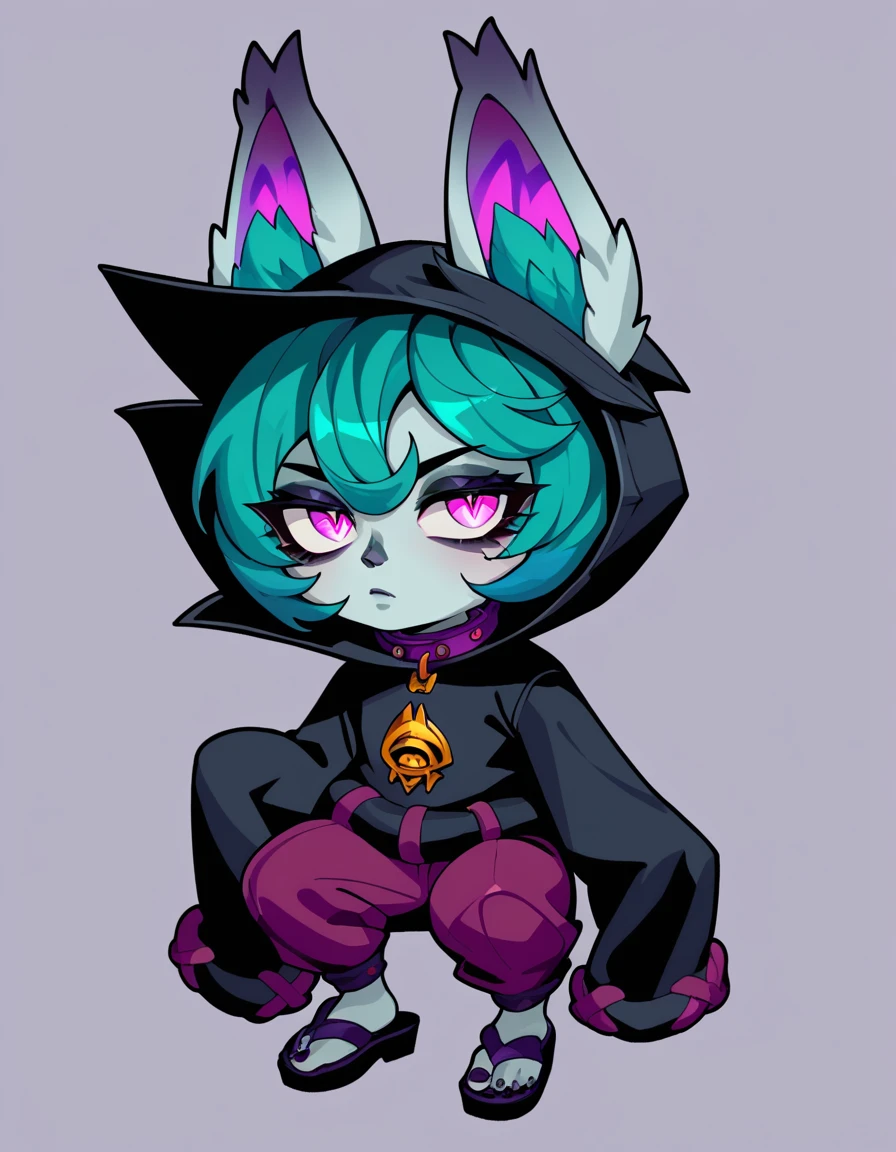 Score_9, score_8_up, score_7_up, source_anime, 1girl, solo, VexLoLXL, yordle, shortstack, pink eyes, green hair, bangs, short hair, grey skin, colored skin, black hood, hood up, ears through headwear, white animal ears, black shirt, purple collar, golden ornament, long sleeves, sleeves past wrists, purple pants, sandals,simple_heart-shaped_pupils, nsfw,