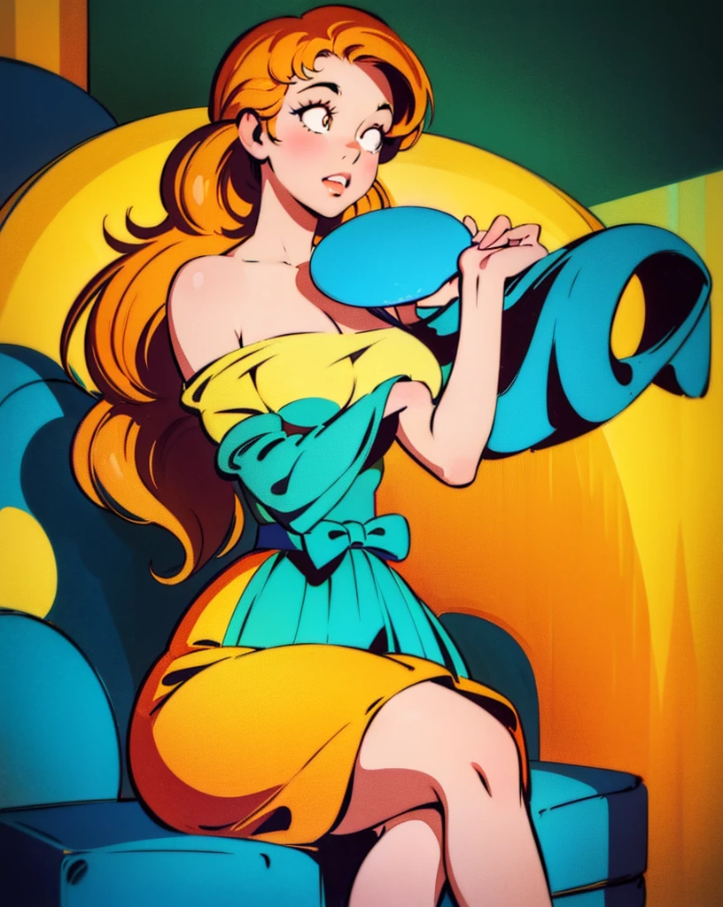 20 years old girl sitting on the chair, vintage, retro pin up, , surprised, long skirt, flowing skirt, colorful , orange and teal color scheme, masterpieces art work, illustrated,