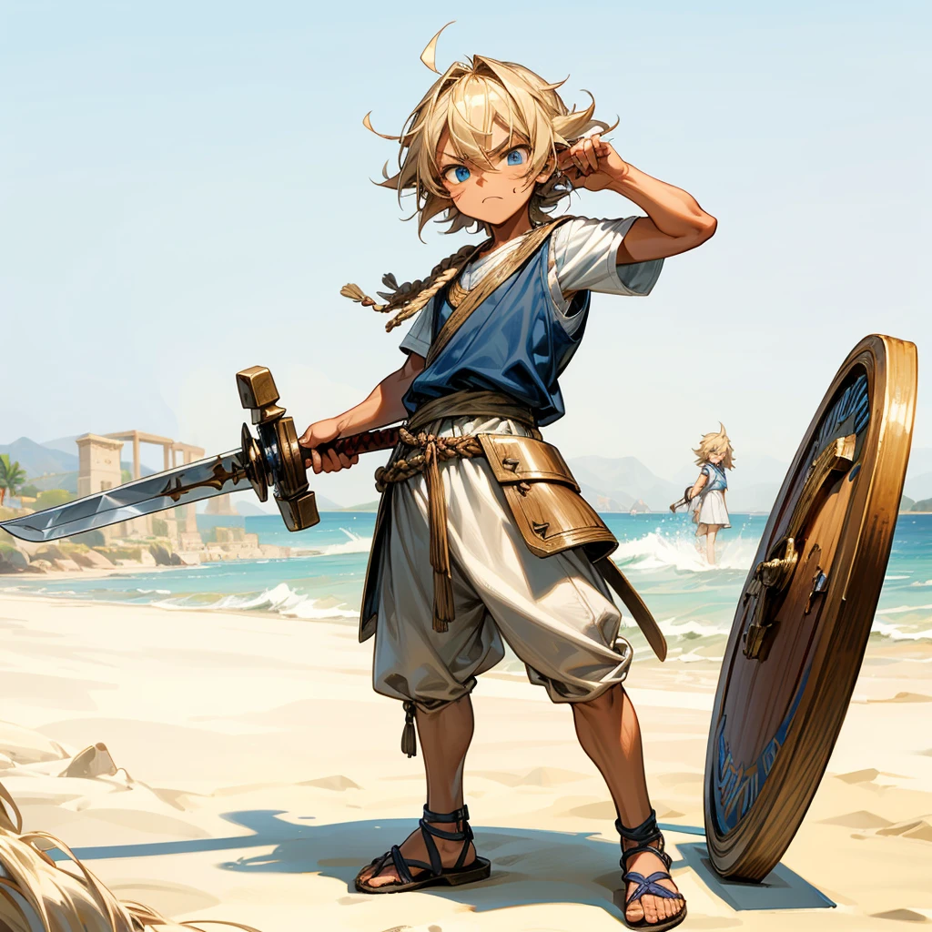 1little boys, Full body version, 1character, blue eyes, Tan skin, long Shaggy hairstyle, blonde colour hair, angry expression, ancient Greek clothing, ancient Greek sandals, wood sword in hand, small shield wood in hand, wood armor vest, Grassroots background in beach