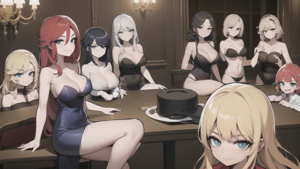 seven sexy women who are wives of boy, looking at camera, seductive smiles, portrait, various hair