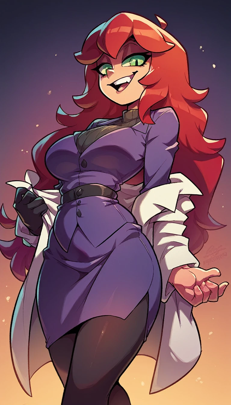 An attractive sexy hex girl with a big breast wears red hair, a tousled cut, her green eye, wears a purple button-down office coat and a long purple skirt with a black heel.